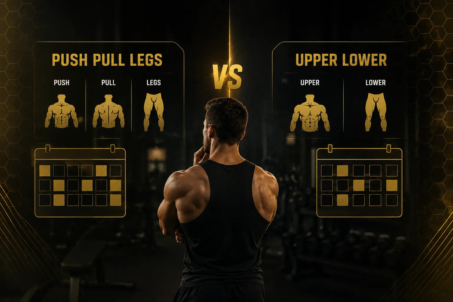Lifter comparing Push Pull Legs split and Upper Lower split workout schedule for muscle growth