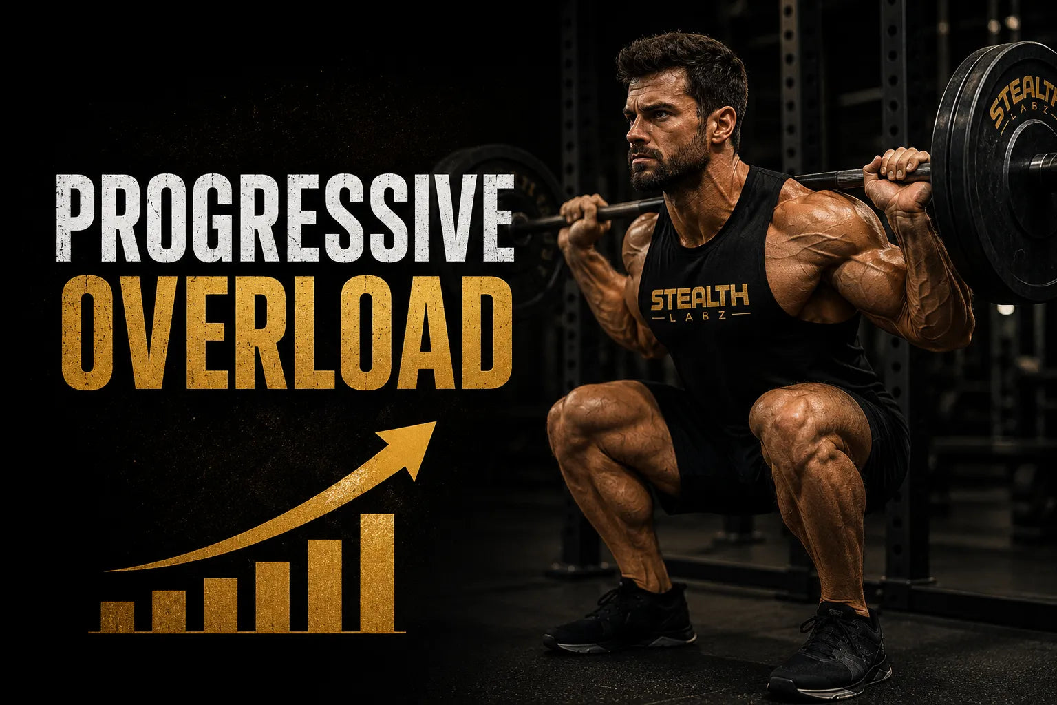 Man performing a barbell back squat demonstrating progressive overload for muscle growth