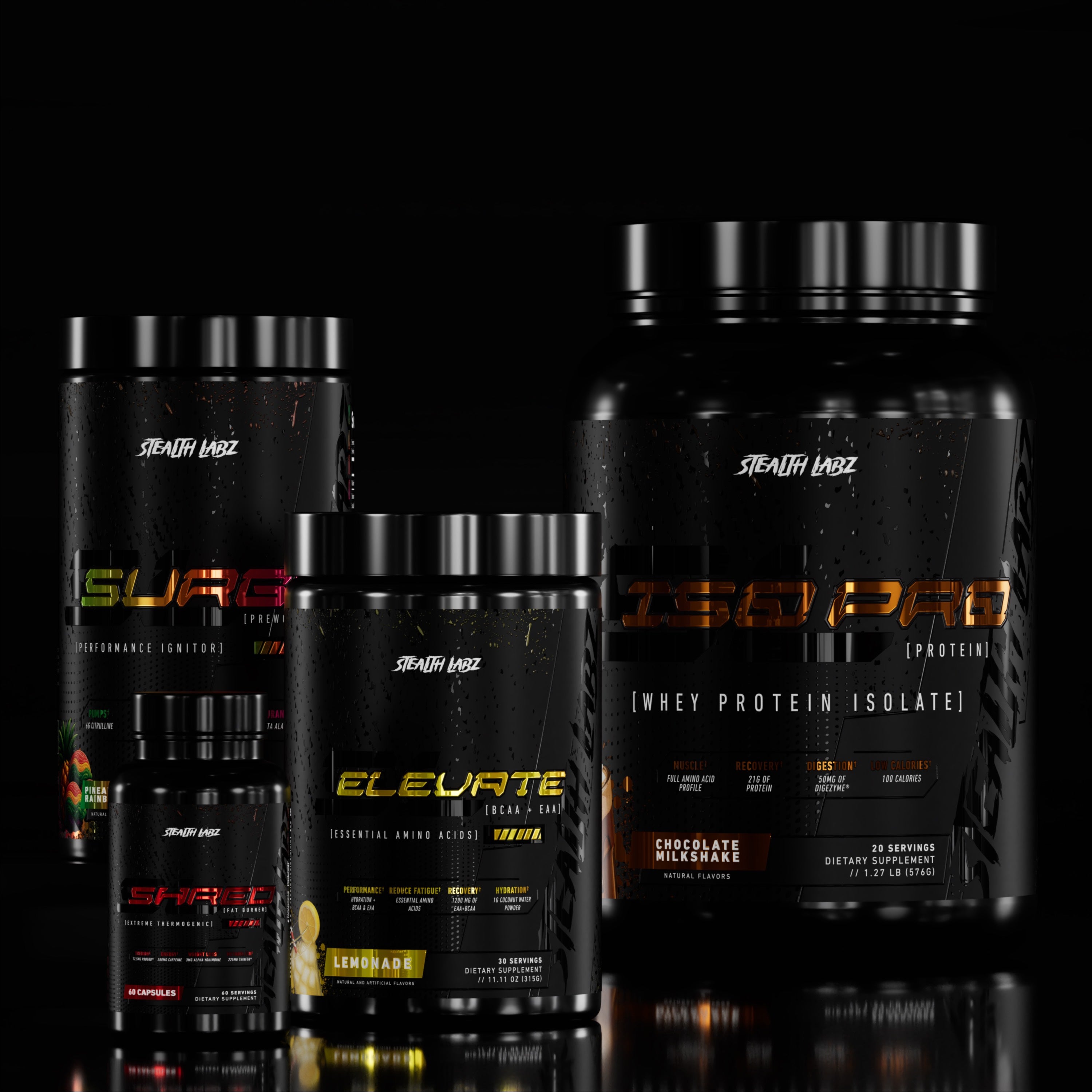 Collection of Stealth Labz protein supplement containers